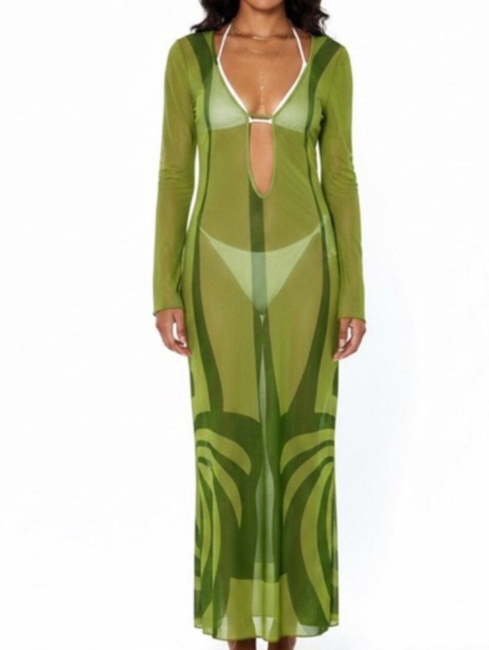 Caroline Constas Green Sheer Long-Sleeve Mesh Cover-Up Dress, NWT! Size Medium